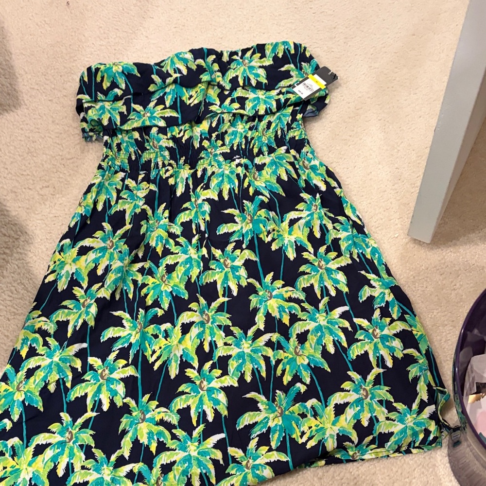 Girls Tropical Palm Print Strapless Dress - Navy & Green